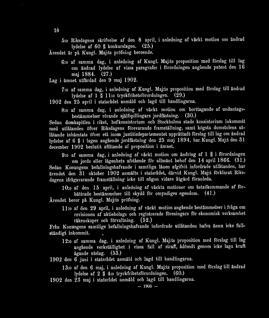 ) Lag i ämnet utfärdad den 9 maj 1902. 7:o af samma dag, i anledning af Kungl. Maj:ts proposition med förslag till ändrad lydelse af 1 11 :o tryckfrihetsförordningen. (29.