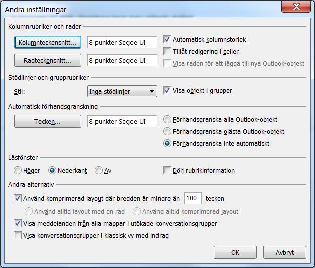 Sida 17 av 23 Outlook, Större typsnitt Välj fliken Visa och klicka på