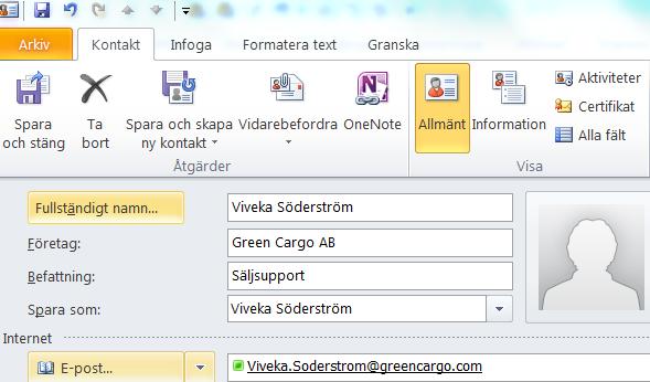 Sida 18 av 23 Outlook, Visitkort Lägg till dig själv som en Outlook-kontakt. Dubbelklicka på det tomma fotot och sök reda på din bild. Spara. Nu ligger bilden din egen kontakt.