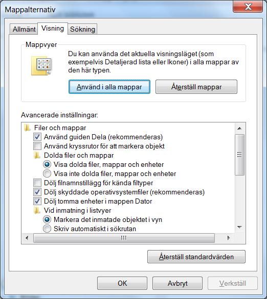 Markera Visa dolda filer, mappar