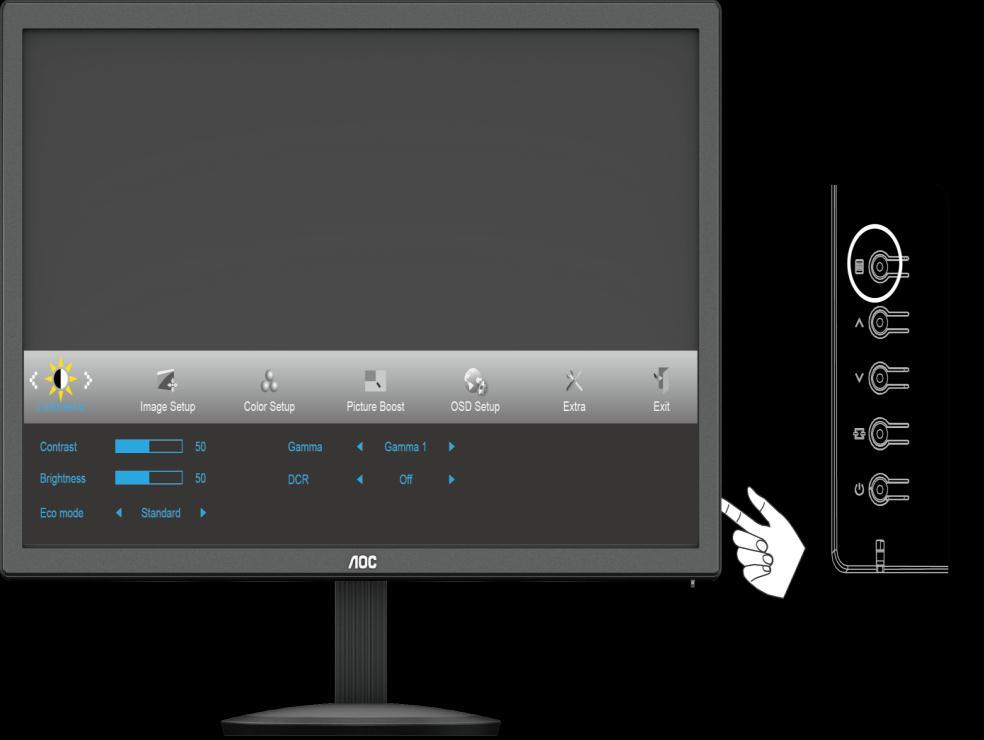 OSD-inställning Enkla och grundläggande instruktioner för kontrollknapparna. 1) Tryck på -button (MENU-knappen) (meny) för att aktivera OSD-fönstret.