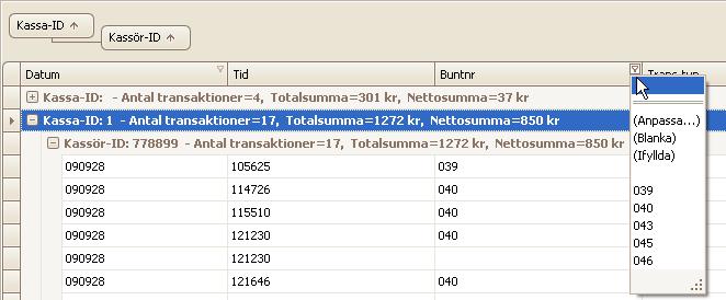 Filtrera ett fält på detaljnivå Om du vill kan du filtera på detaljnivå, men Auriga rekommenderar dig att i första hand använda alternativet Filtrera informationen för ett visst fält (Filtrera),