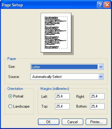 Fönstret Page Setup där du ändrat inställningar 3.
