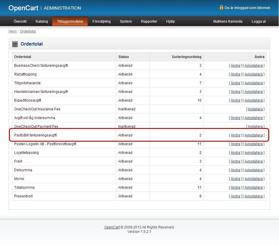 PayByBill Ordertotal modulen Du hittar PayByBill ordertotal