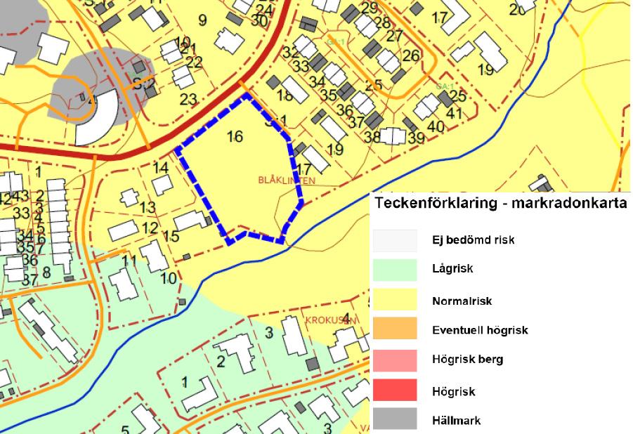 Utdrag ur markradonskartan Risk för skred/höga vattenstånd Befintlig slänt i söder bedöms vara stabil enligt en geoteknisk undersökning gjord av Bjerking Arkitekter och ingenjörer.