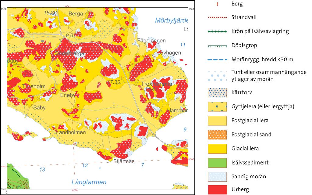 Enligt SGUs jordartskarta (figur 3) består området kring berörd yta av postglacial lera underlagrad av glacial lera och sandig morän ovan granit/granit gneiss urberg.
