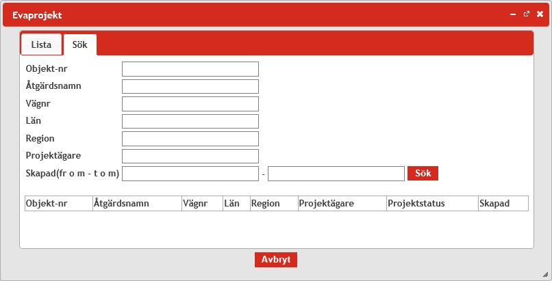I verktyget visas en lista på befintliga projekt där projektets namn, åtgärdsnummer och ägare m.m. visas. I listan som visas går det att söka direkt genom att skriva i de tomma fälten som visas överst i listan varvid listan filtreras i realtid.