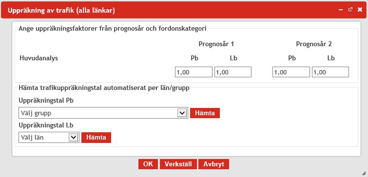 4.4.9. Uppräkning av trafik I detta verktyg anges trafikutvecklingen från basåret till prognosår 1 och prognosår 2 för person- och lastbilar.