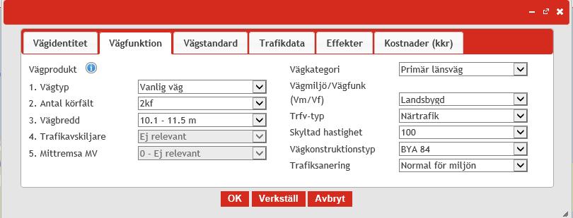 4.6.6. Vägfunktion I fliken Vägfunktion anges information om väglänken: I EVA definieras väglänkar utifrån olika egenskaper. Egenskaperna skiljer sig åt mellan landsbygds- och tätortsmiljö.