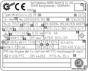 Pos : 67 /Anl eitungen/m otoren/b1091 Drehstrommotoren/3. AT EX/T ypensc hild N ORD Exeb- M otoren nach EN 60079 [EXE] @ 7\mod_1431413894090_2722.