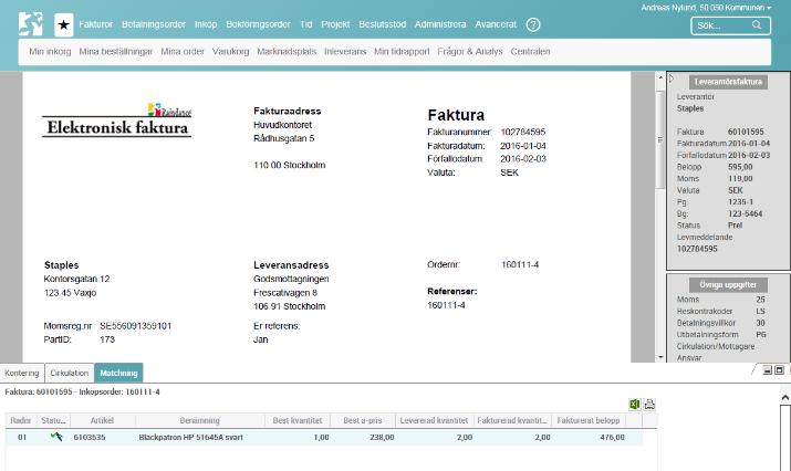 över till ert affärssystem för betalning Mottagning och validering av skannade och elektroniska fakturor Ankomstregistrering Workflow för kontering, leveranskontroll och attest Fakturamatchning mot