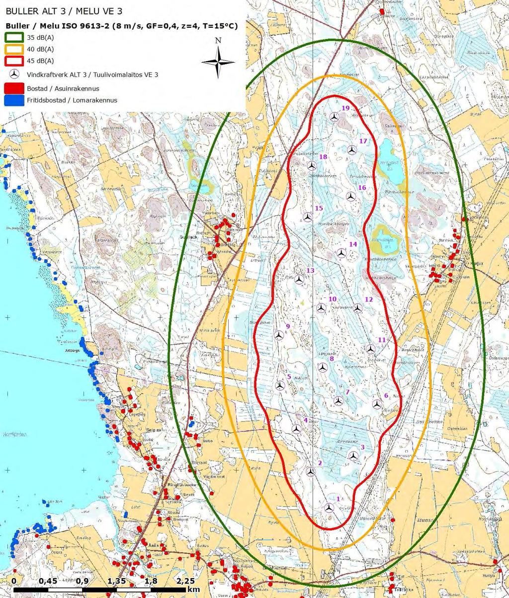 SVEVIND OY AB SANDBACKA VINDKRAFTSPARK 86 (224) Figur 12-6. Bosättningen och fritidsbosättningen i förhållande till bullerspridningen i projektalternativ 3.