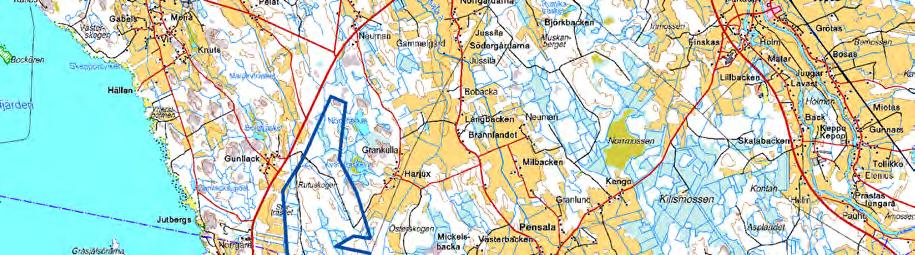 Projektområdet är beläget cirka 15 kilometer söder om Nykarleby centrum och några kilometer nordost om Oravais centrum. Projektområdets areal är cirka 680 hektar. Figur 6-1. Projektområdet Sandbacken.
