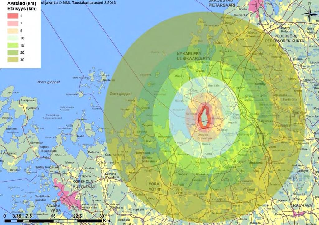 SVEVIND OY AB SANDBACKA VINDKRAFTSPARK 40 (224) Tabell 8.1. Storleken på det granskningsområde som ska granskas enligt konsekvenstyp.