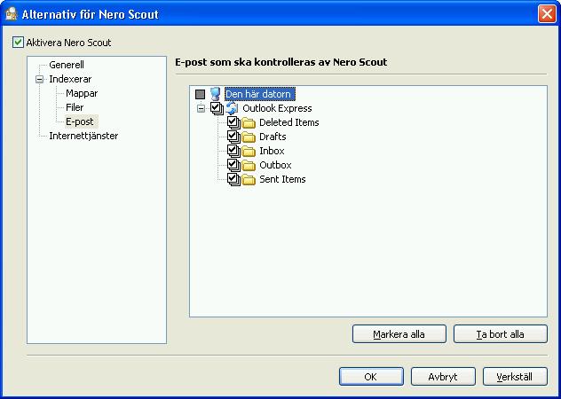Aktivera och konfigurera Nero Scout 2.3.3 Indexering av e-post Med Nero Scout kan du indexera valfria mappar i ditt e-postprogram.