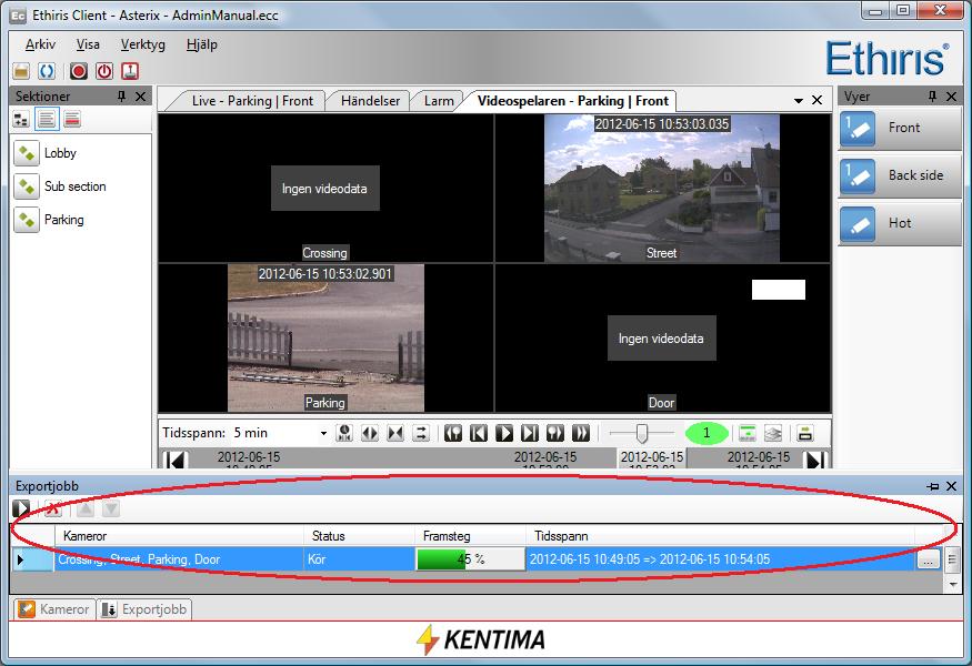 Client Användarguide Ethiris Client Videospelaren Så snart exporten börjar läggs den ned till verktygsfönstret Exportjobb. Flera exportjobb kan startas innan påbörjad export är färdig. I Figur 2.
