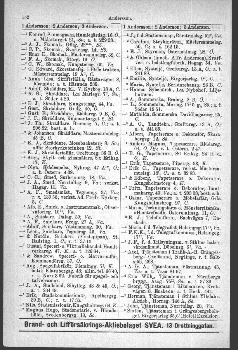 152 Andersson. 1 Ander8son; 2Anderson; 3Anderzon. 11 Andersson; 2Anderlon; 3Anderzon. _1 Konrad, Skomagasin, Hnmlegårdsg.16, O., _2 J., f. d.stationsinsp., Rörstraudsg. 52v, Va. 2 o.