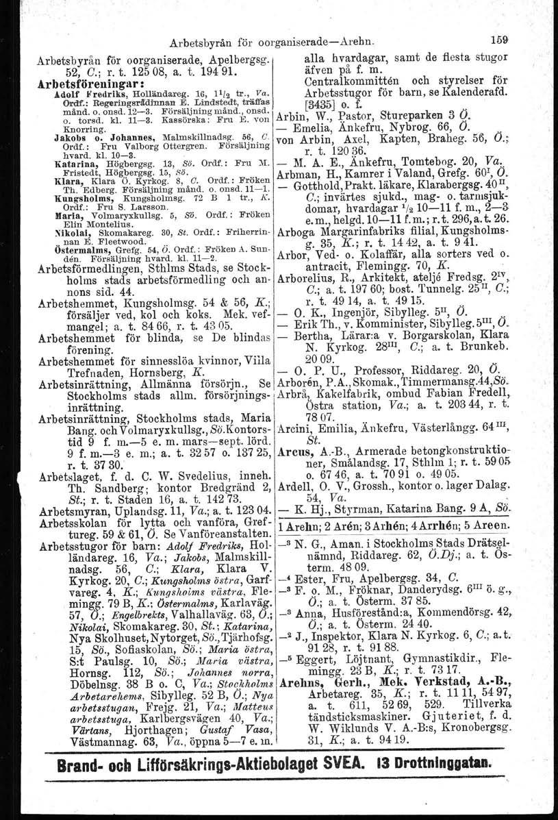 Arbetsbyrån för oorganiserade-arehn. 159 Arbetsbyrån för oorganiserade, Apelbergsg. alla hvardagar, samt de fiesta stugor 52, C.; r. t. 12508, a. t. 19491. äfven på f. m.