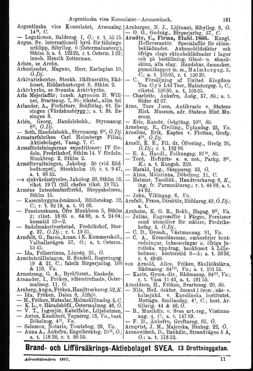 Argentinska vice Konsulatet-Aronowitsch. 161 Argentinska vice Konsulatet, Arsenalsg. Arnberger, N. J., Löjtnant,Sibylleg. 9, O. 14 11, C... - O. O., Godsäg., Birgerjarlsg. 37, C.