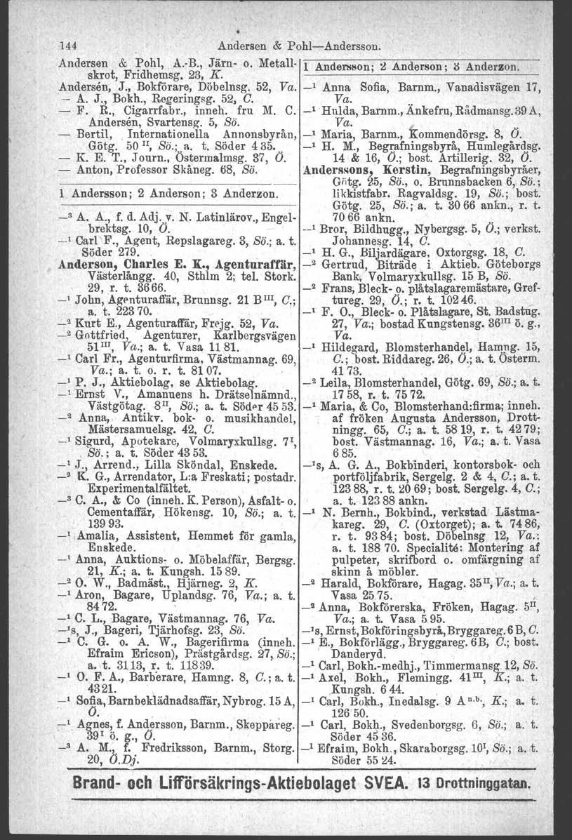 144 Andersen & Pohl-e-Auderssou. Andersen & Pohl, A.-B., Järn- o. Metall- l AnderMIlon; l! Anderson: il Anderzon. skrot, Fridhemsg. 23, K. ------------------ Andersen, J., Bokförare, Döbelnsg. 52, Va.