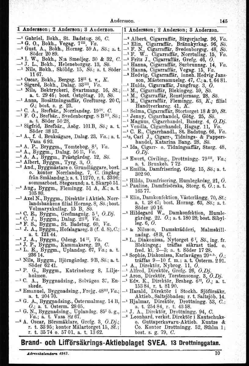 1Andersson; 2 Anderson; 3 Anderzon. Andersson. l Andersson; 2 Anderson; 3 Anderzon. _, Gabriel, Bokh., St. Badstug, 36, C. _2 Albert, Cigarraffär, Birgerjarlsg.96, Va. _2 G. O., Bokh., Vegag.