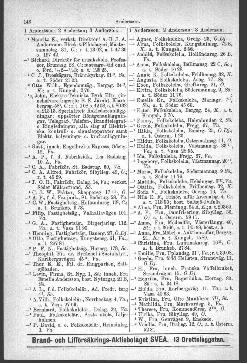 146 Andersson. 1 Andersson; 2 Anderson; 3 Anderzon. l Andersson; 2.Anderson: 3 Anderzon. _, Mauritz K., verkst, Direktör i A.-B. J. A. _, Agnes, Folkskolel:a, Grefg.s 23, O.Dj.