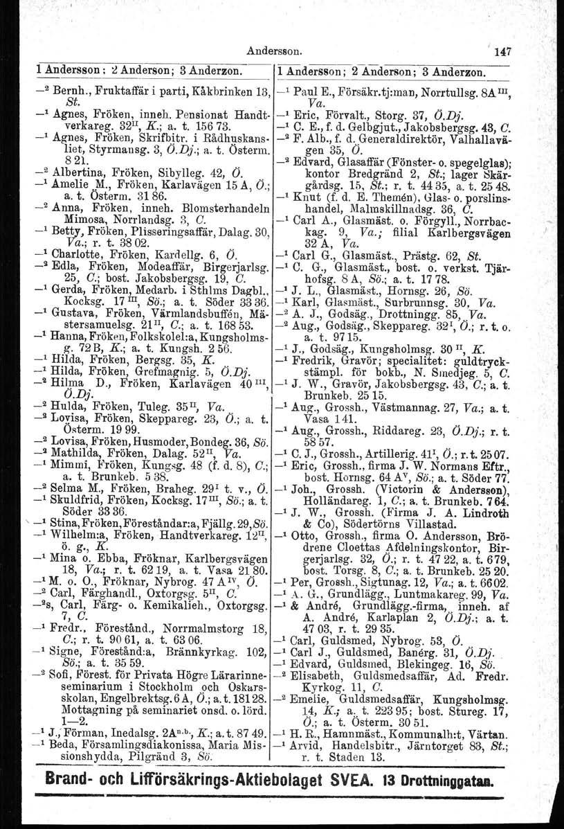 Andersson., 147 1 Andersson; ~ Anderson; 3 Anderzon. fad.dersson;2 Anderson; 3 Anderzon. _2 Bernh., Fruktaffär i parti, Käkbrinken 13, _, Paul E., Försäkr.tj:man, Norrtullsg. 8A!Il, St.. Va.