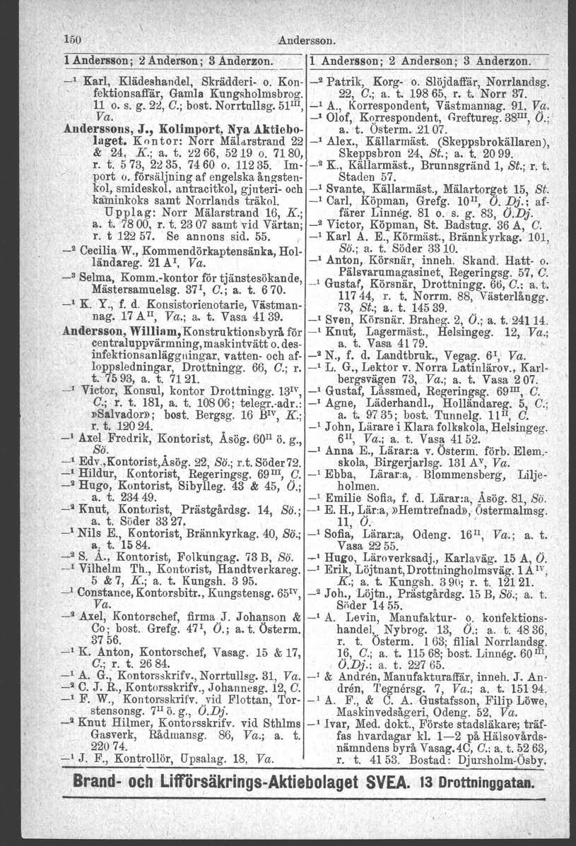 150 Andersson. l Andersson; 2 Anderson; 3 Anderzon. l Andersson; I 2 Anderson; 3 Anderzon. _1 Karl, Klädeshandel, Skrädderi- o. Kon- _2 Patrik, Korg- o. Slöjdaffär, Norrlandag.