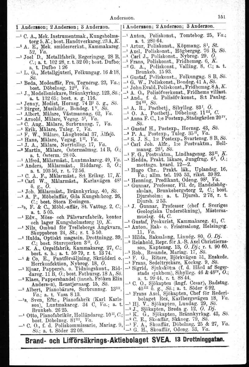 Andersson. 151 l Andersson; 2 Anderson; 3 Ander~ l Andersson; 2 Anderson; 3 Anderzon. -' C. A., Mek. Instrumentmak., Kungsholms- -' Anton, Poliskonst., Tomtebog. 25, Va.; torg 5, K.; bost.