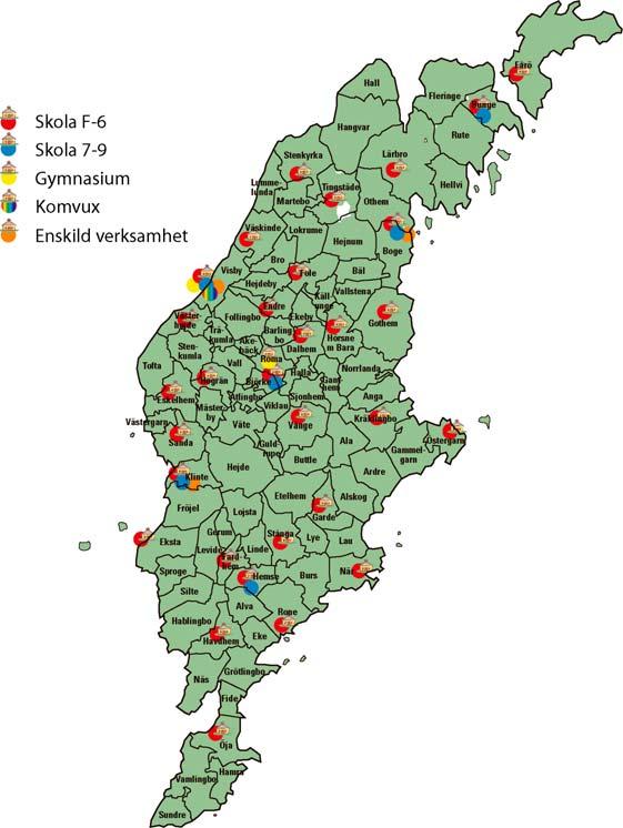 Karta över geografisk placering av grundskolor och friskolor på Gotland Fårösund skolområde Kommunala skolor Fårö skola F-3 upphör ht 2008 Fårösund skola 4-9 Lärbro skola F-6 Länna skolområde