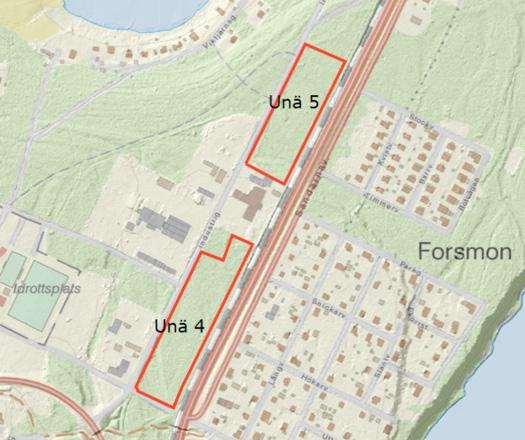 Unä 4 och Unä 5, Forsmon Två mindre områden, cirka 2 hektar vardera, mellan befintligt industriområde och järnvägen kan vara intressanta för verksamheter som inte är i behov av ett välexponerat läge.
