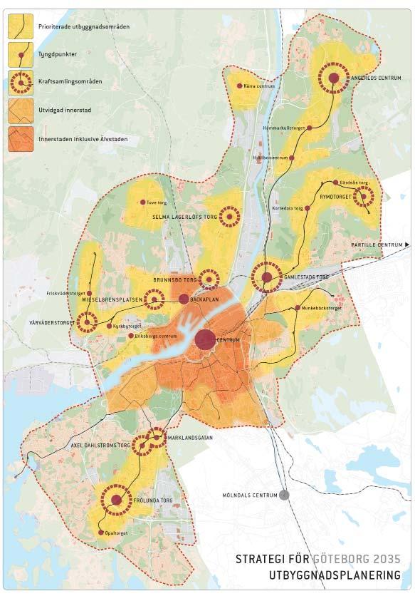 Volymer i prioriterade utbyggnadsområden Inom de prioriterade utbyggnadsområdena i mellanstaden (gult på kartan) redovisas en utbyggnadspotential på ca 22 000-26 000 bostäder.