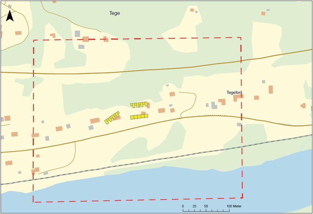 2. Metod och källdata 2.1 Beräkningsområde Figur 2. Område som modellerats i bullerberäkning. Ny bebyggelse i gult med svarta kantlinjer, beräkningsområde markerat i rött.
