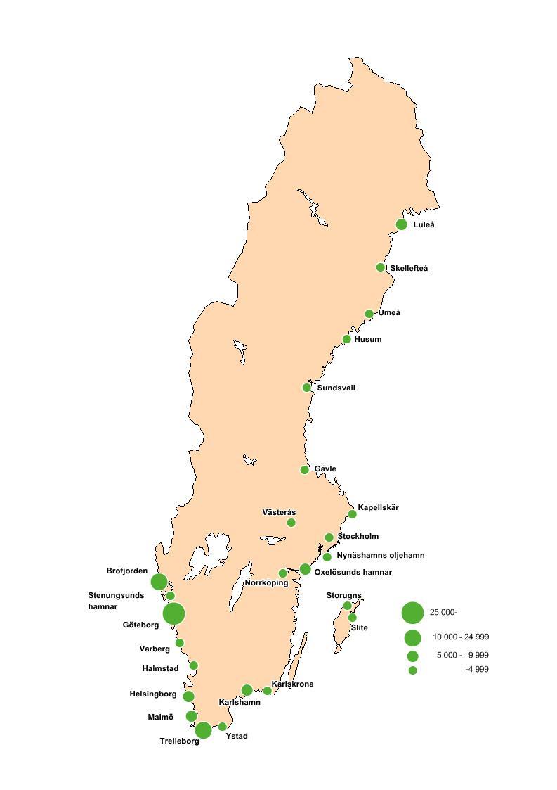 Karta 1: De största svenska hamnarna efter hanterad godsmängd 2011 Ungefär hälften av den svenska