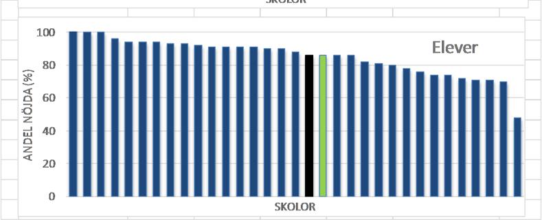 =total fristående) Diagrammet nedan visar att spridningen är större för gymnasieskolorna. Andelen nöjda elever varierar mellan 97 och 18 procent mellan skolorna.