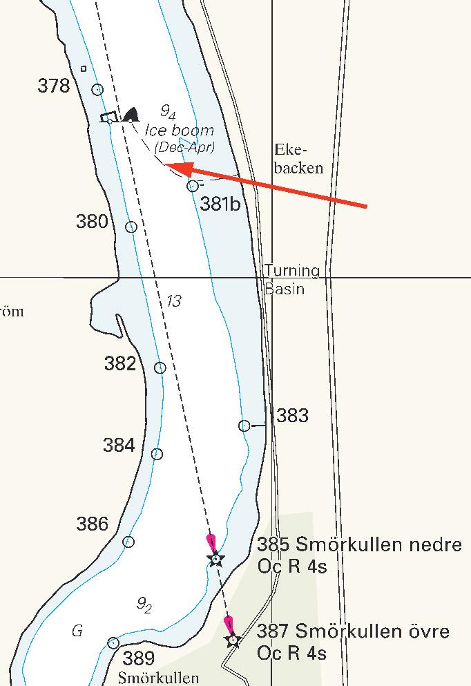 Nr 241 18 * 5367 (T) Sjökort/Chart: 1353 Sverige. Trollhätte kanal. N om Lilla Edet. Smörkullen. Bommen - Vargön. Islänsor utlagda.