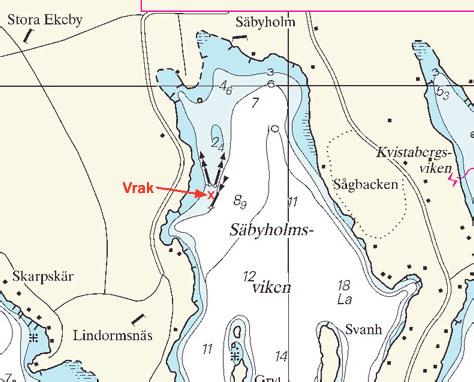 Nr 241 6 Mälaren och Södertälje kanal / Lake Mälaren and Södertälje kanal * 4860 (T) Sjökort/Chart: 111 Sverige. Mälaren. Säbyholmsviken. Vrak. Prickar utsatta. Upprepning.