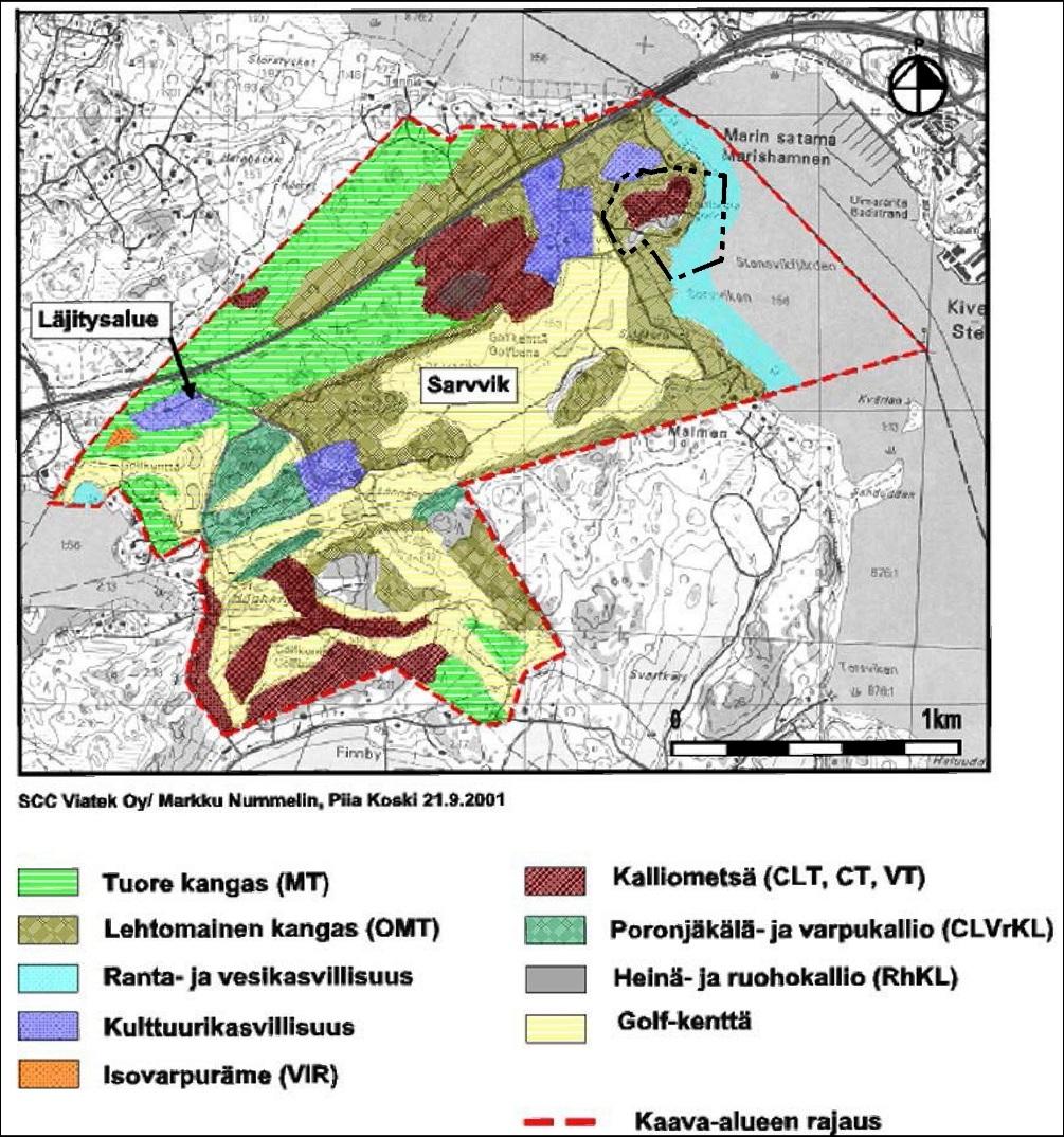 9 Bild 2.1. Planområdets viktigaste vegetationstyper, planområdets gräns har angetts med svart (utredningsmaterialet för detaljplanen för Sarvvik 2001) Områdets topografi är varierande.