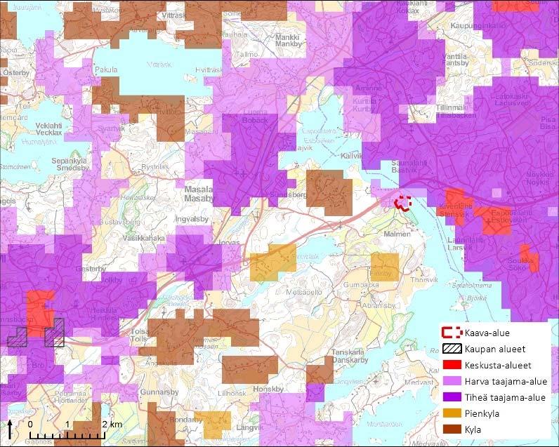13 nya områdescentrum ansluter sig på ett naturligt sätt till tätortsområdet i Esbo. Läget på en trafikmässigt central plats stöder uppkomsten av service och arbetsplatser. Bild 2.4.