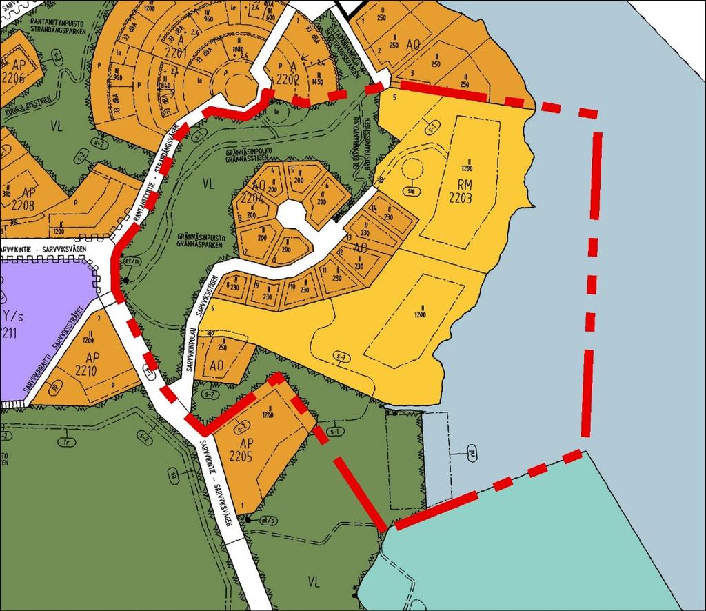18 Bild 2.7. Utdrag ur detaljplanen i realtid (utdrag 21.3.2017). Den ungefärliga gränsen för Sarvviksstrandens detaljplaneområde har angetts med rött på bilden.