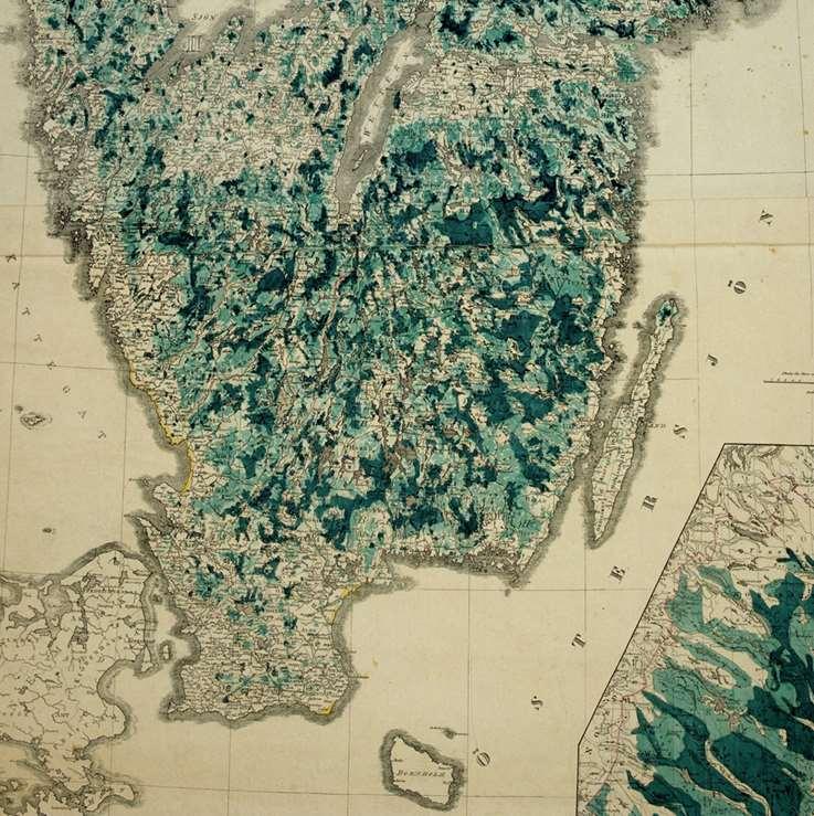 Historiska markanvändningsdata Prins Carls skogskarta 1846 Den starkaste vattenfärgen finns vanligen i torvrika barrskogs-områden.