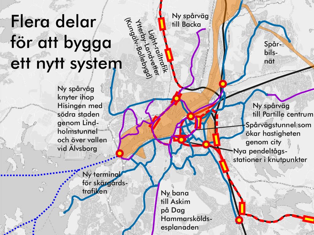 exempelvis Hjällbo med Kortedala och Kärra respektive Partille. Skärgårdsbåtarna får ny terminal vid Älvsborgsbron med anslutning till spårvägen. 2.