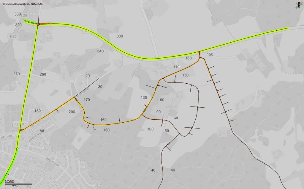 Figur 11 Trafikflöden på huvudgatorna under eftermiddagens maxtimme (f/h). Scenario 2b.