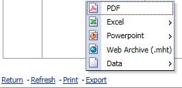 Export gör det möjligt för användaren att hämta förteckningsdata i ett av filformaten som anges i tabellen nedan: Exportkategori Exportalternativ Filtyp PDF Adobe Portable Document-format.