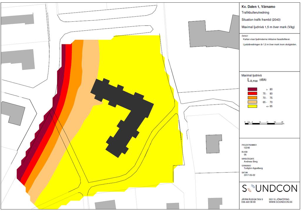 Gällande maximala ljudnivåer från vägtrafik så erhåller stora delar av planområdet ljudnivåer som understiger 70dBA.
