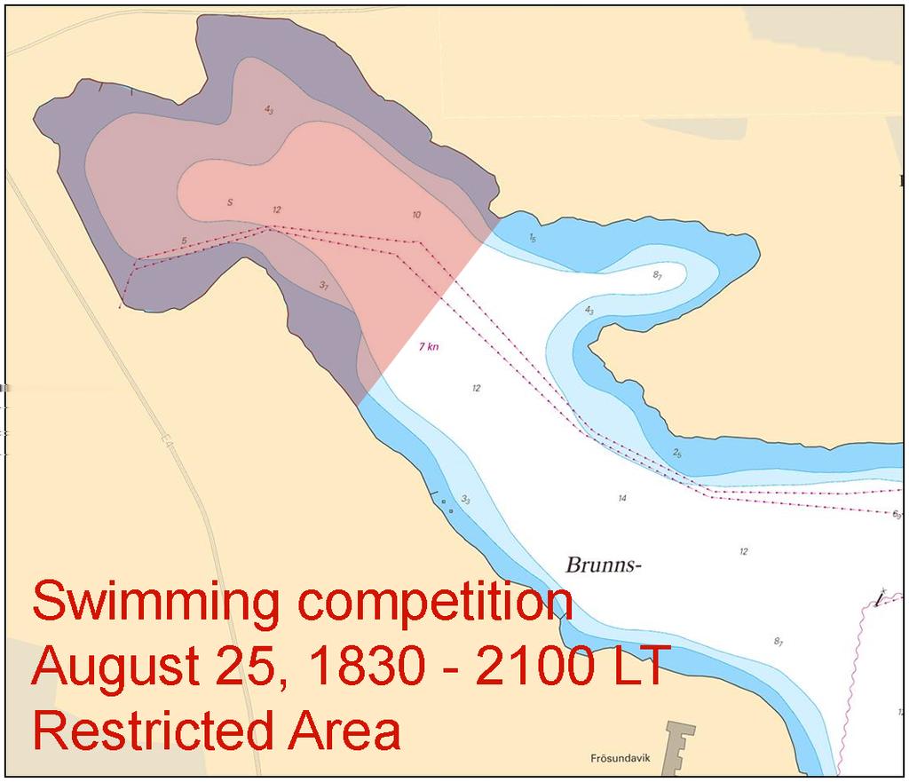 Tid: 25 augusti 1830-2100 Ett område i norra delen av Brunnsviken är avstängt för sjötrafik med anledning av en simtävling.