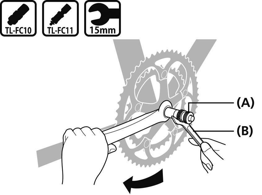 (A) Adapter (B) Pedalkropp (C) Främre kedjehjul TL-UN74-S 50 70 Nm (A) 8 mm insexnyckel/10 mm insexnyckel 8 mm insexnyckel/10 mm insexnyckel 35 50 Nm Vid användning av Shimanos originalverktyg 1.
