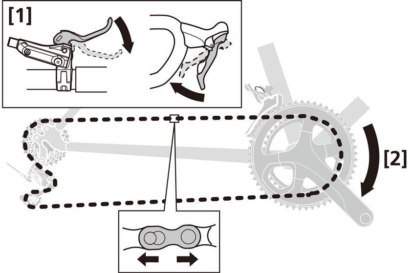 TEKNISKA TIPS Det går också att fästa kedjelänken utan att använda verktyg genom att vrida vevpartiet samtidigt som bromsen ansätts.