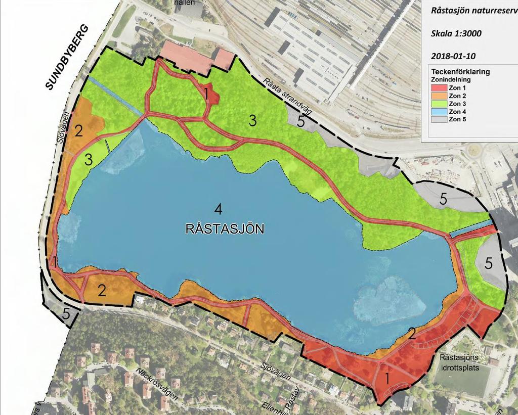 Åtgärder i Zonerna Skötselplanen för Råstasjöns naturreservat är indelad i fem zoner. De fem zonerna är: Zon 1 utgörs av de mest skötselintensiva och tillgängligaste delarna av reservatet.