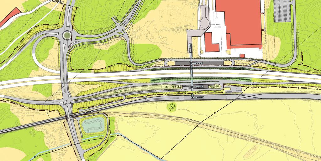 7. Karta åtgärder Landskapsanpassade planteringar i form av avbaningsmassor alternativt landskapsplantor i djupa skärningar eller på höga bankar. Rondell och refuger gestaltas.